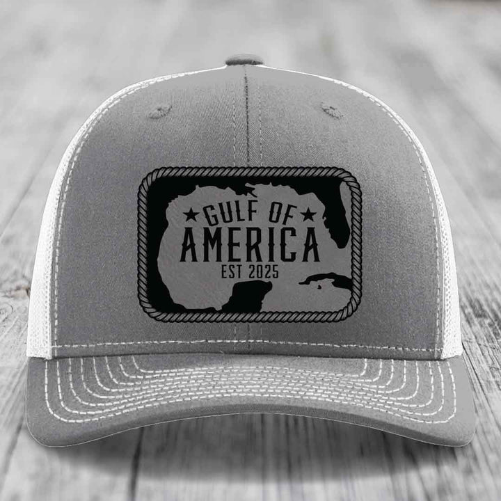 Gulf of America - Leather Patch Hat - Grey to Black Patch - Richardson 112 Snapback Trucker Hat