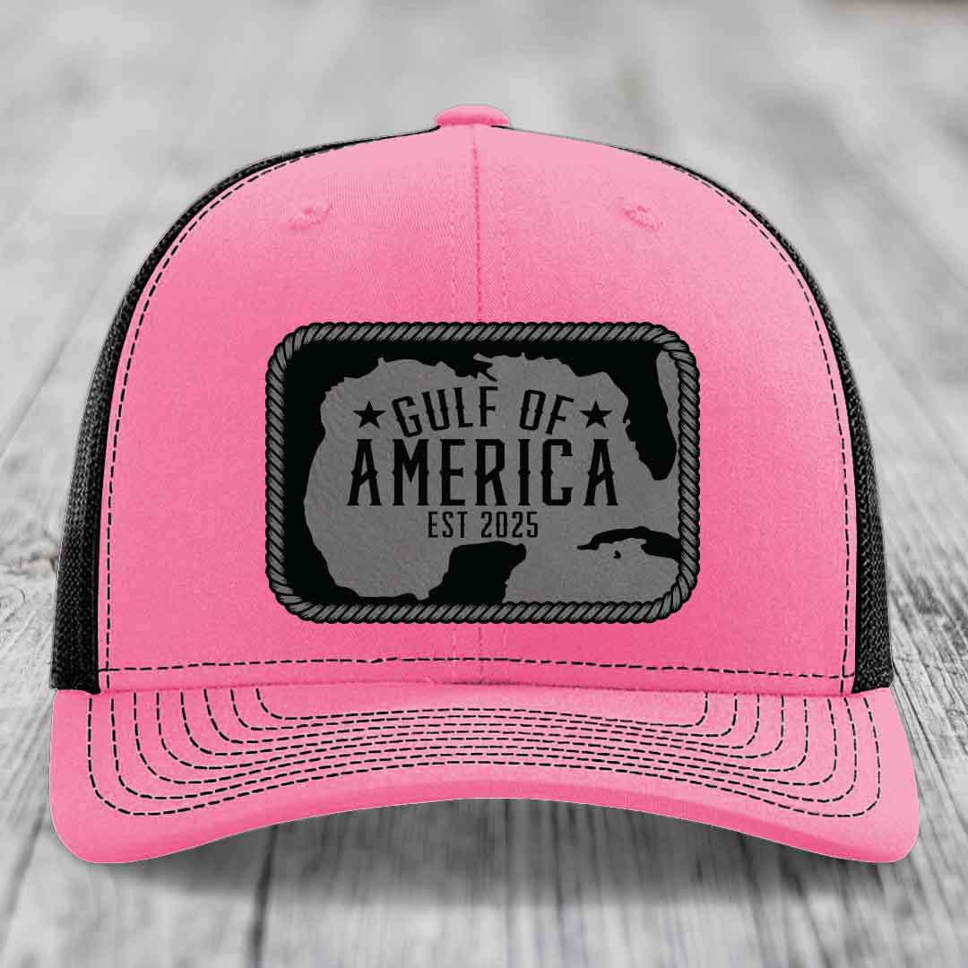 Gulf of America - Leather Patch Hat - Grey to Black Patch - Richardson 112 Snapback Trucker Hat