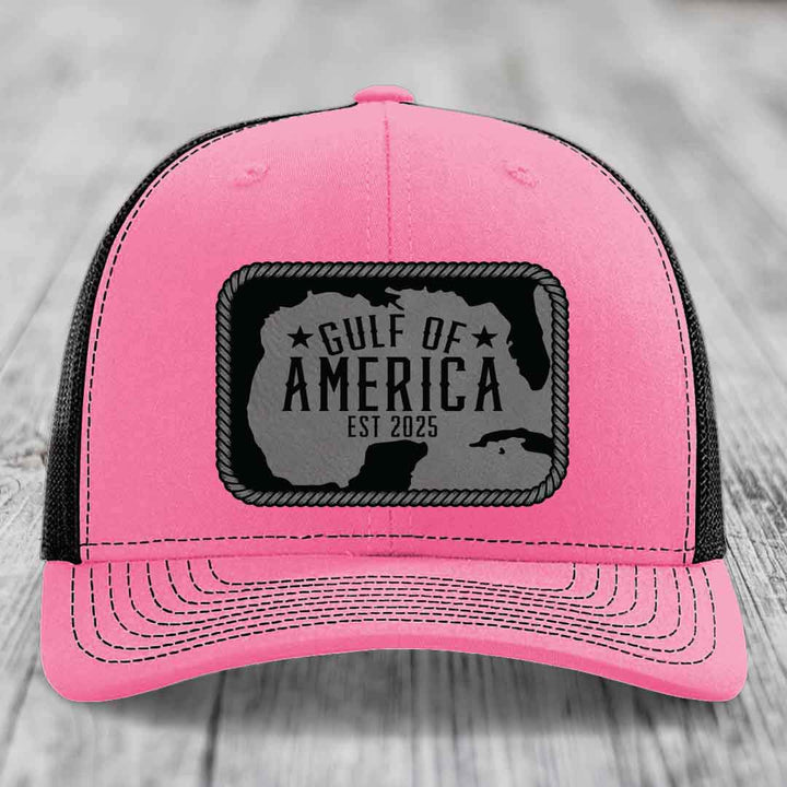 Gulf of America - Leather Patch Hat - Grey to Black Patch - Richardson 112 Snapback Trucker Hat