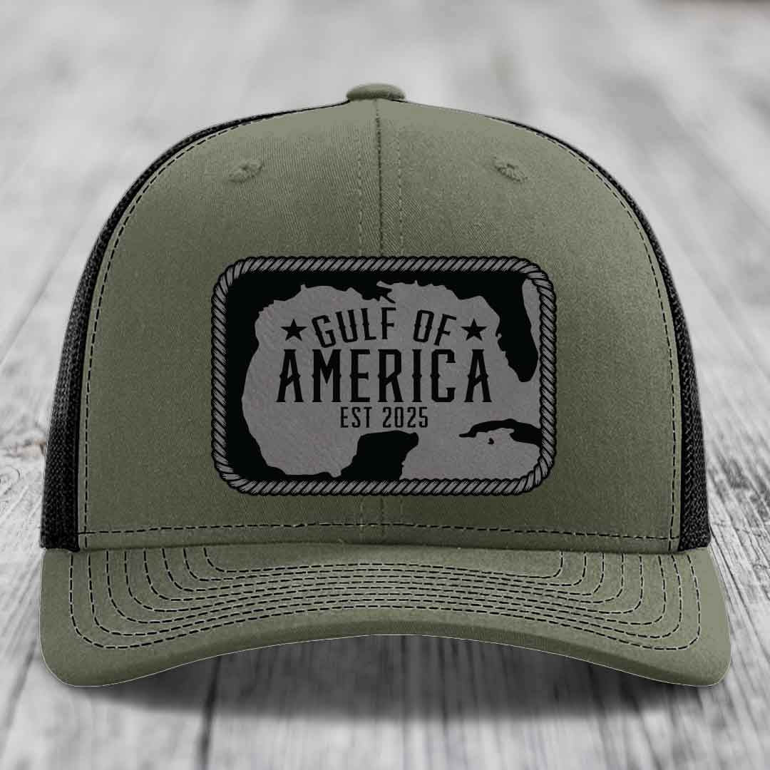 Gulf of America - Leather Patch Hat - Grey to Black Patch - Richardson 112 Snapback Trucker Hat