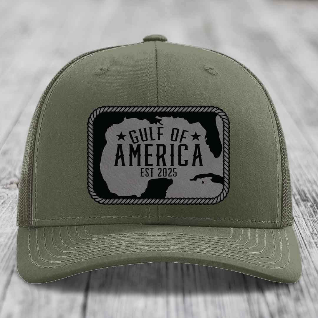 Gulf of America - Leather Patch Hat - Grey to Black Patch - Richardson 112 Snapback Trucker Hat