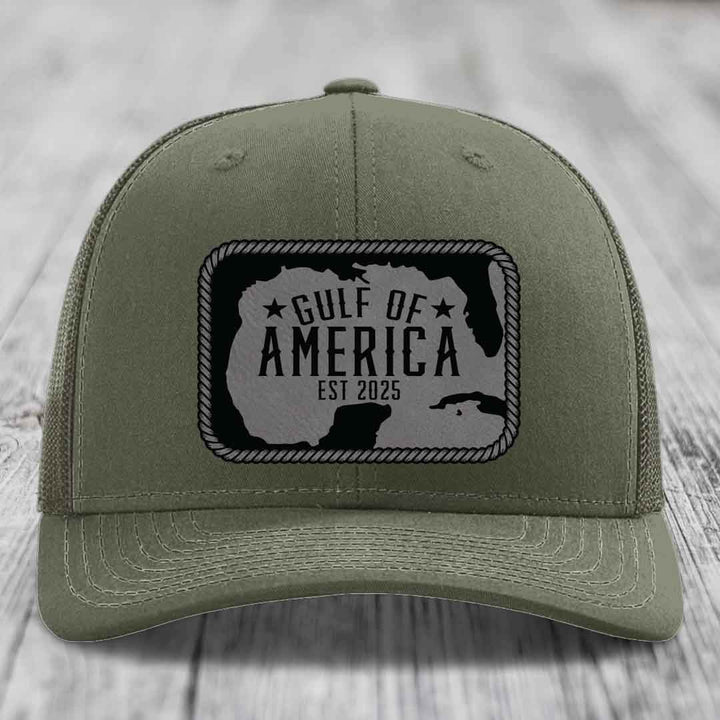 Gulf of America - Leather Patch Hat - Grey to Black Patch - Richardson 112 Snapback Trucker Hat