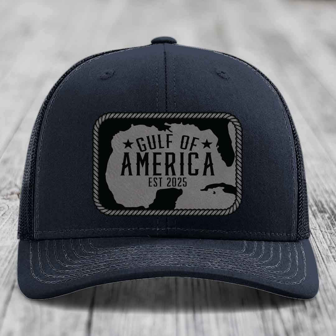 Gulf of America - Leather Patch Hat - Grey to Black Patch - Richardson 112 Snapback Trucker Hat