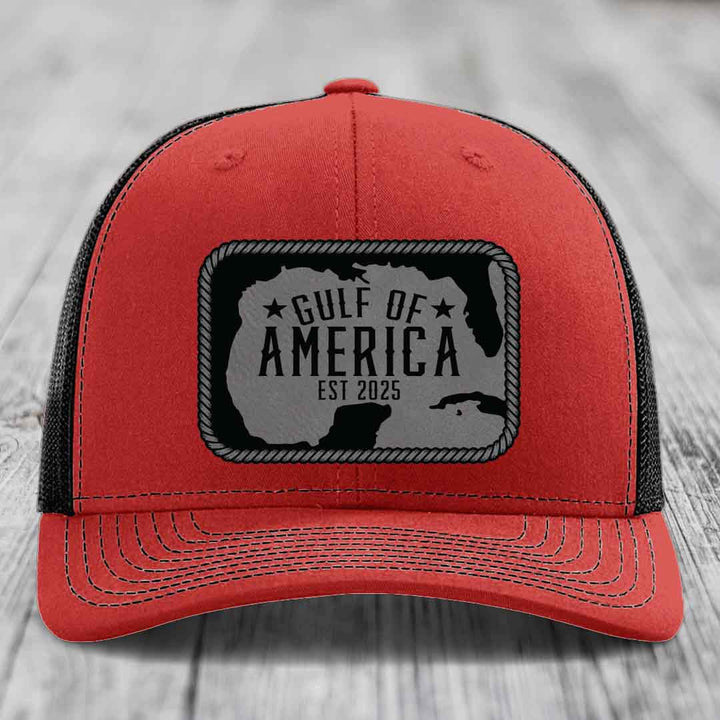 Gulf of America - Leather Patch Hat - Grey to Black Patch - Richardson 112 Snapback Trucker Hat