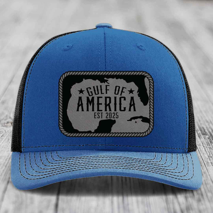 Gulf of America - Leather Patch Hat - Grey to Black Patch - Richardson 112 Snapback Trucker Hat