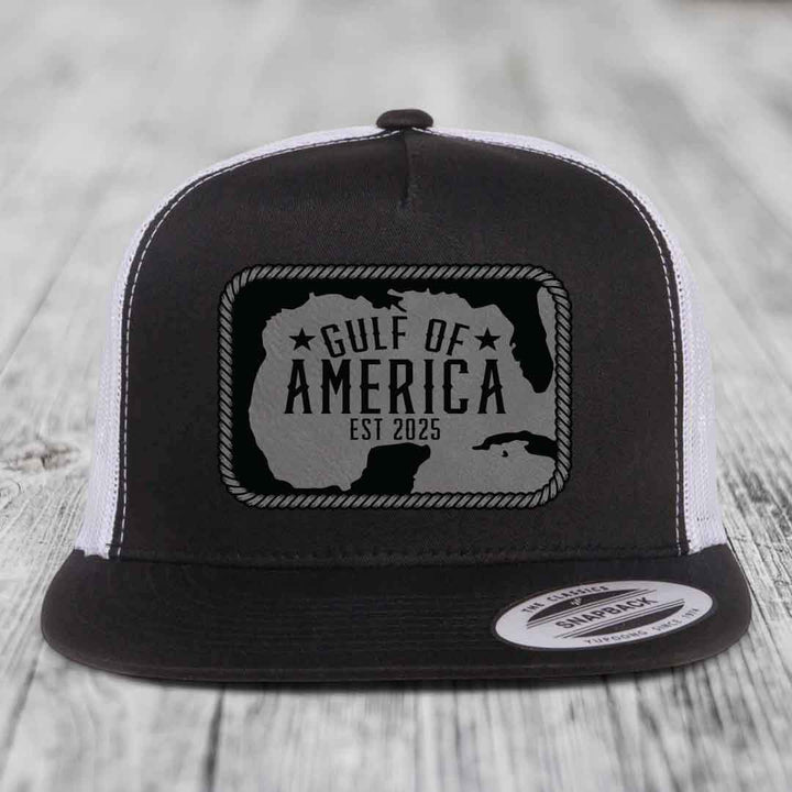 Gulf of America - Leather Patch Hat - Grey to Black Patch - Yupoong 6006 Snapback Flatbill Hat