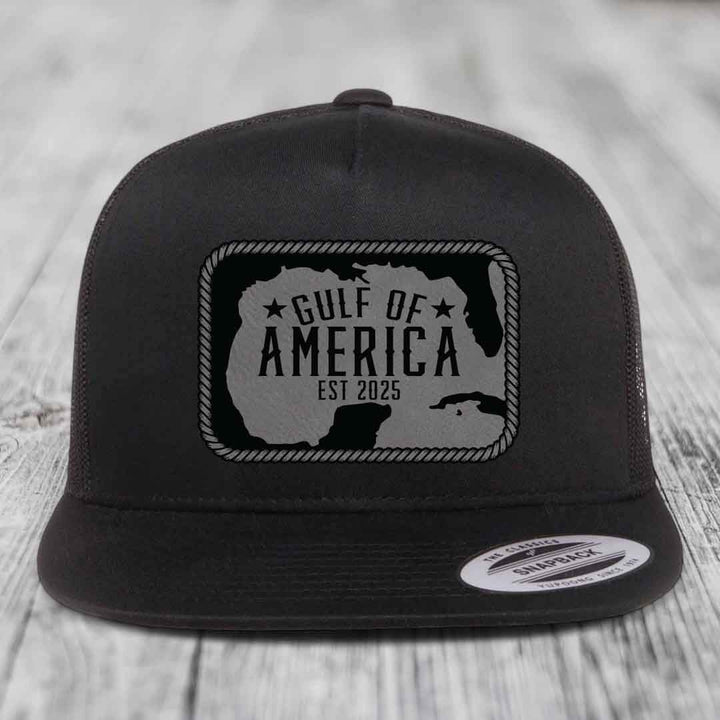 Gulf of America - Leather Patch Hat - Grey to Black Patch - Yupoong 6006 Snapback Flatbill Hat