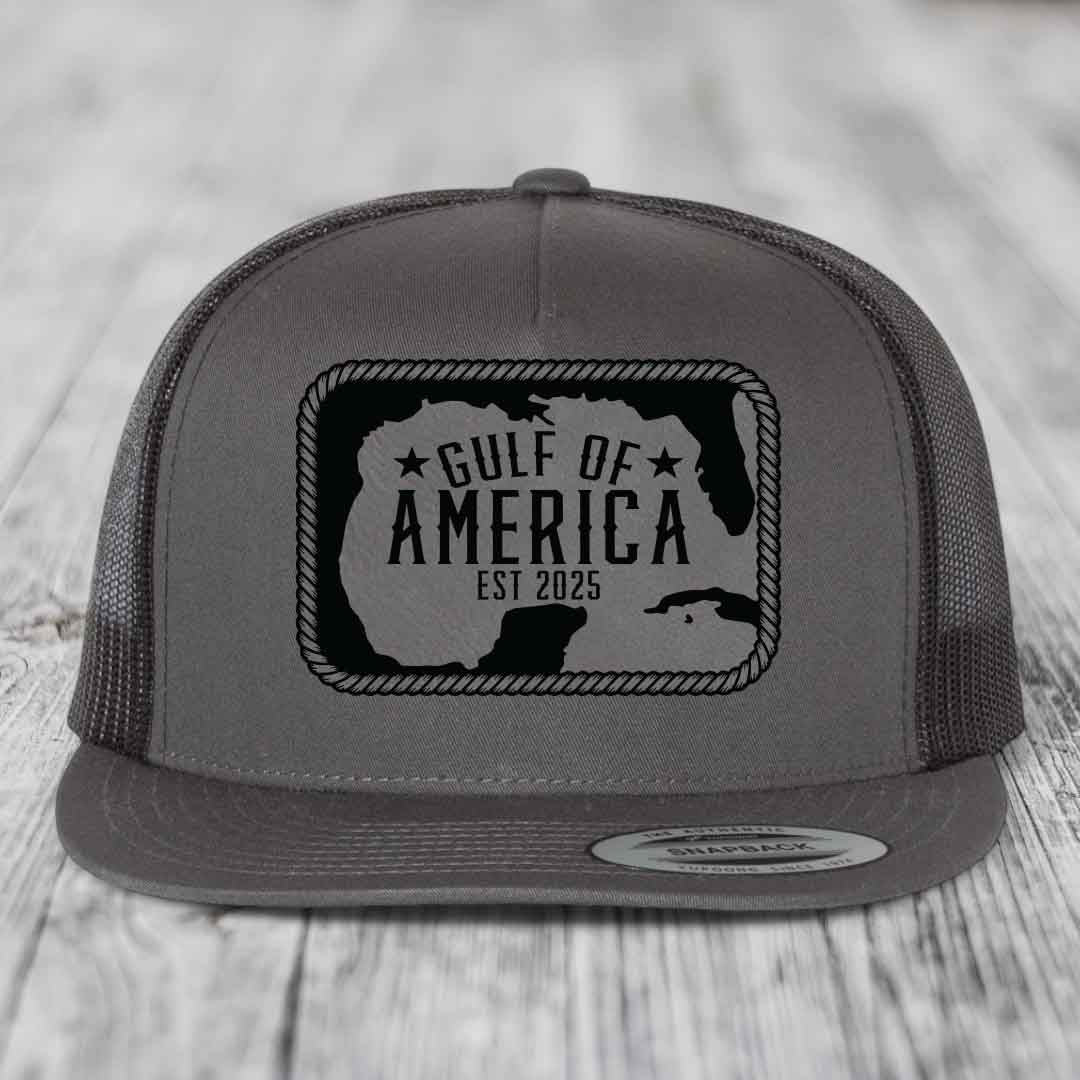 Gulf of America - Leather Patch Hat - Grey to Black Patch - Yupoong 6006 Snapback Flatbill Hat