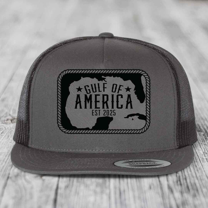 Gulf of America - Leather Patch Hat - Grey to Black Patch - Yupoong 6006 Snapback Flatbill Hat