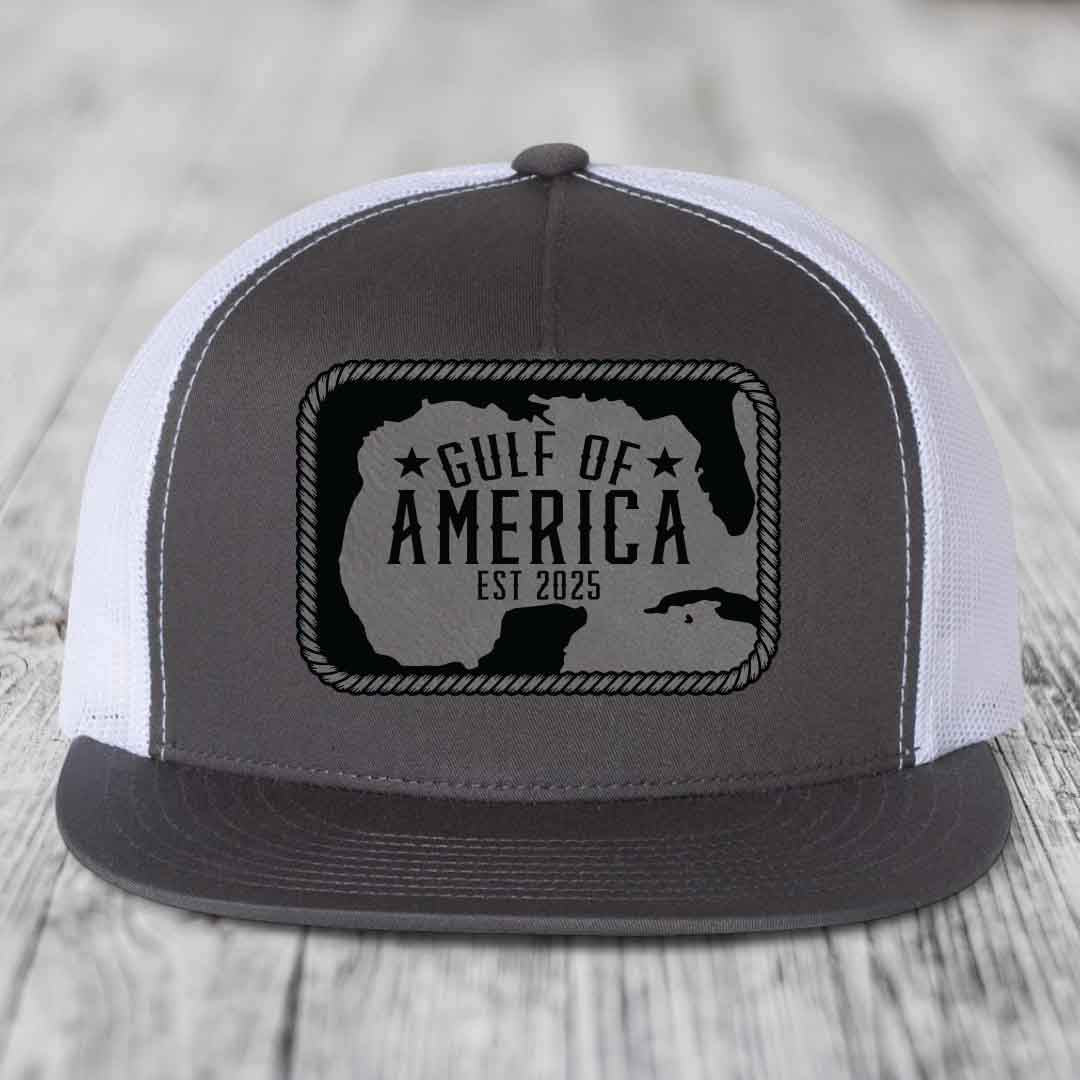 Gulf of America - Leather Patch Hat - Grey to Black Patch - Yupoong 6006 Snapback Flatbill Hat