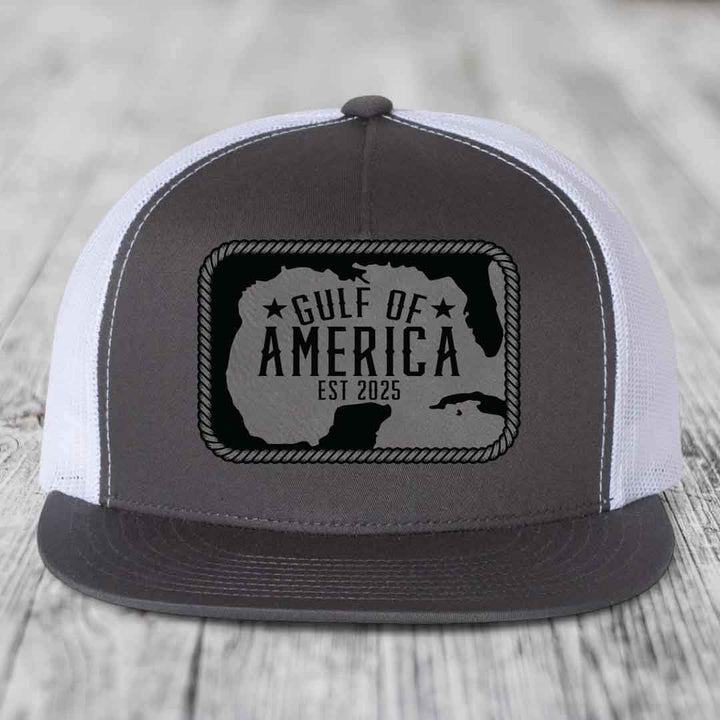 Gulf of America - Leather Patch Hat - Grey to Black Patch - Yupoong 6006 Snapback Flatbill Hat