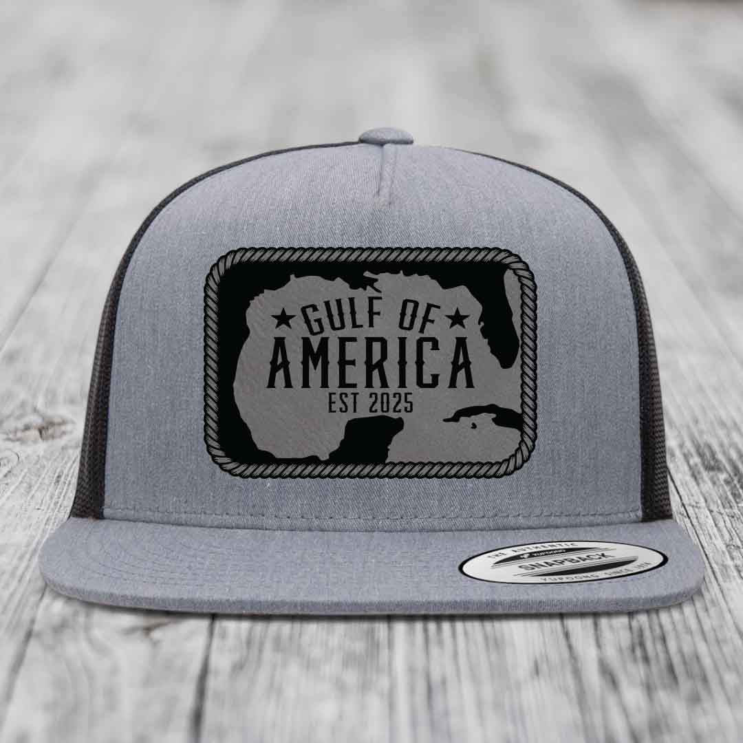 Gulf of America - Leather Patch Hat - Grey to Black Patch - Yupoong 6006 Snapback Flatbill Hat