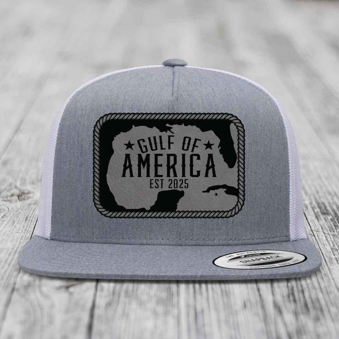 Gulf of America - Leather Patch Hat - Grey to Black Patch - Yupoong 6006 Snapback Flatbill Hat