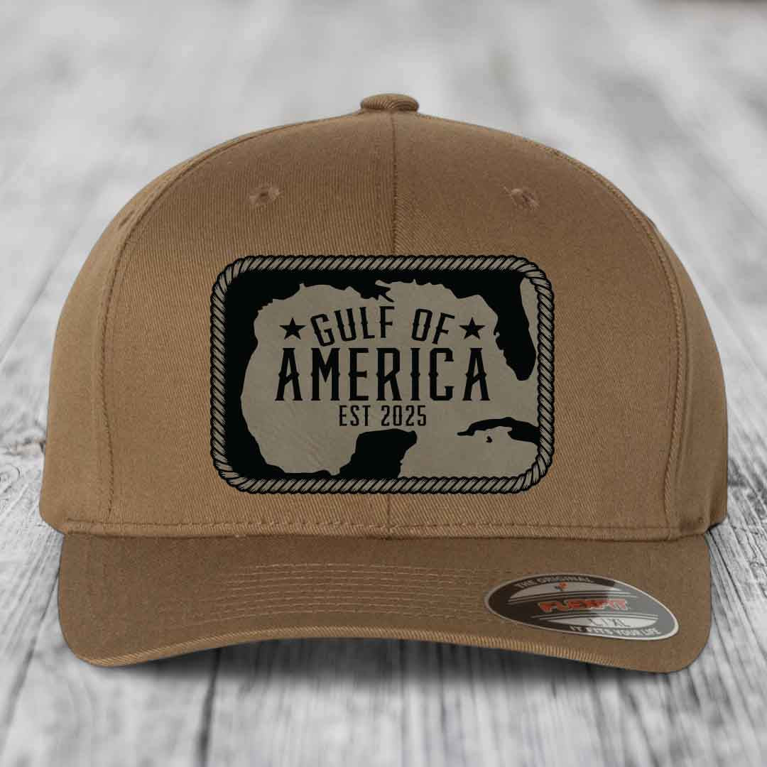 Gulf of America - Leather Patch Hat - Light Brown to Black Patch - Flexfit 6277 Fitted Hat