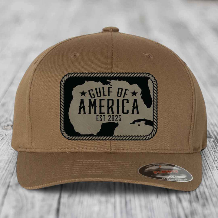 Gulf of America - Leather Patch Hat - Light Brown to Black Patch - Flexfit 6277 Fitted Hat