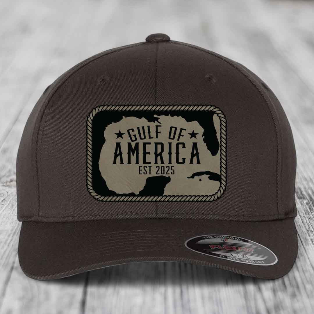 Gulf of America - Leather Patch Hat - Light Brown to Black Patch - Flexfit 6277 Fitted Hat