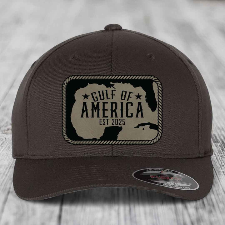 Gulf of America - Leather Patch Hat - Light Brown to Black Patch - Flexfit 6277 Fitted Hat