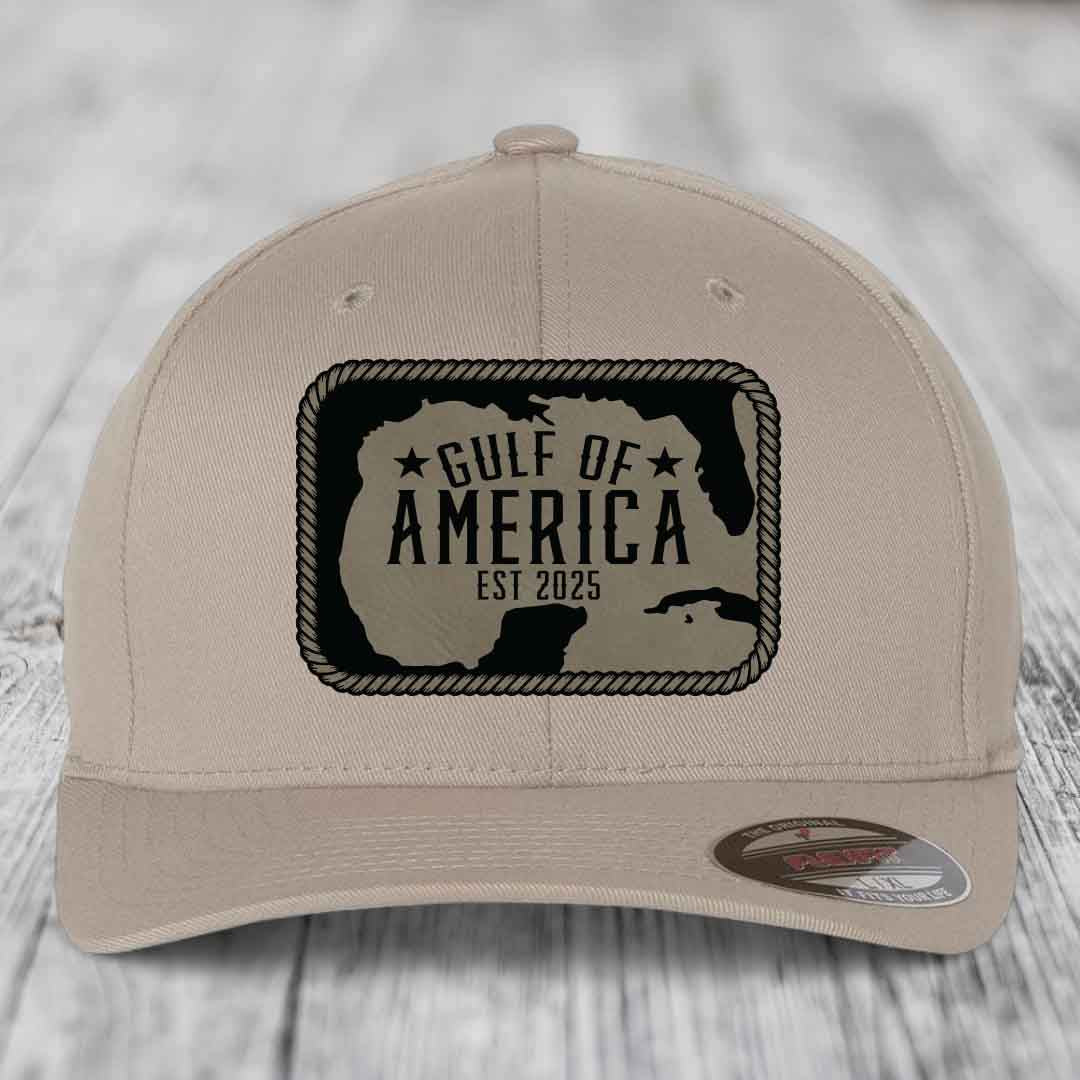 Gulf of America - Leather Patch Hat - Light Brown to Black Patch - Flexfit 6277 Fitted Hat