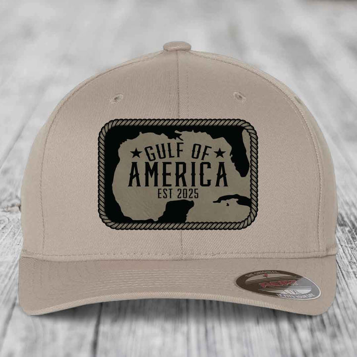 Gulf of America - Leather Patch Hat - Light Brown to Black Patch - Flexfit 6277 Fitted Hat