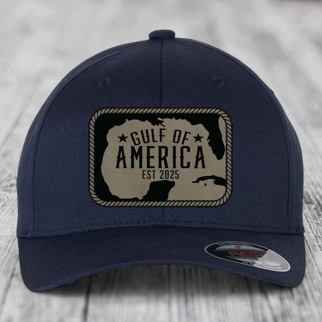 Gulf of America - Leather Patch Hat - Light Brown to Black Patch - Flexfit 6277 Fitted Hat