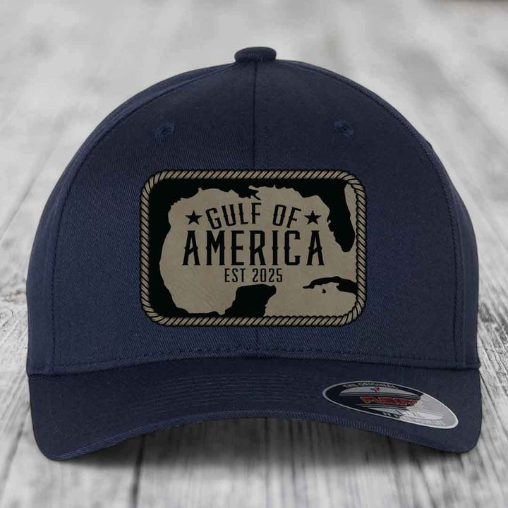 Gulf of America - Leather Patch Hat - Light Brown to Black Patch - Flexfit 6277 Fitted Hat