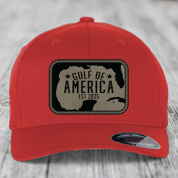 Gulf of America - Leather Patch Hat - Light Brown to Black Patch - Flexfit 6277 Fitted Hat