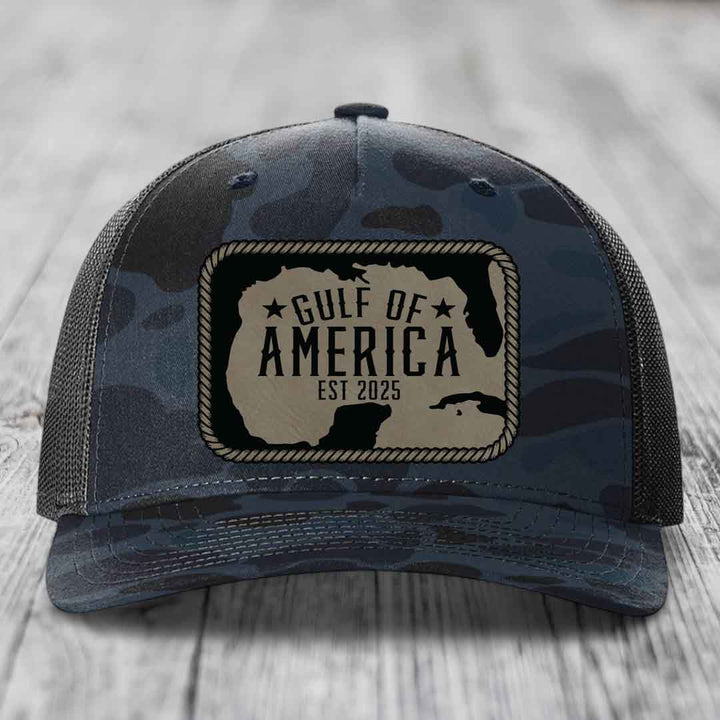 Gulf of America - Leather Patch Hat - Light Brown to Black Patch - Richardson 112PFP Snapback Trucker Hat
