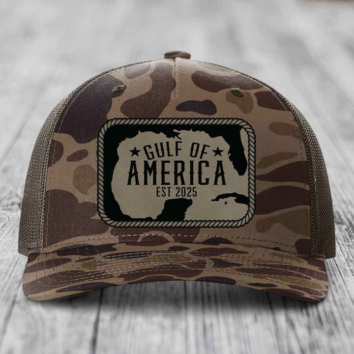 Gulf of America - Leather Patch Hat - Light Brown to Black Patch - Richardson 112PFP Snapback Trucker Hat