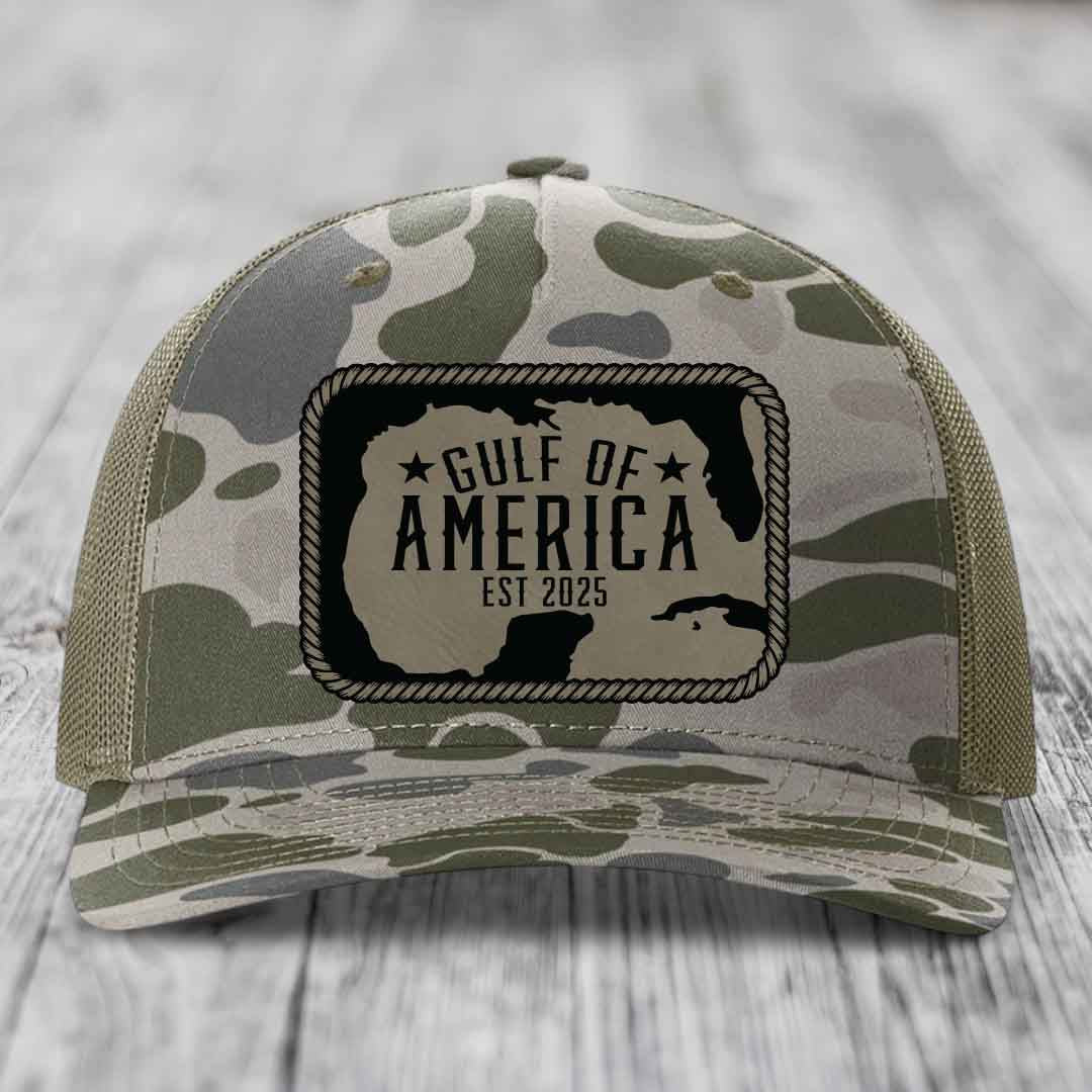 Gulf of America - Leather Patch Hat - Light Brown to Black Patch - Richardson 112PFP Snapback Trucker Hat