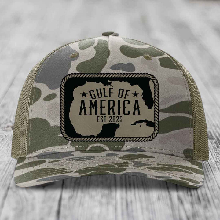 Gulf of America - Leather Patch Hat - Light Brown to Black Patch - Richardson 112PFP Snapback Trucker Hat