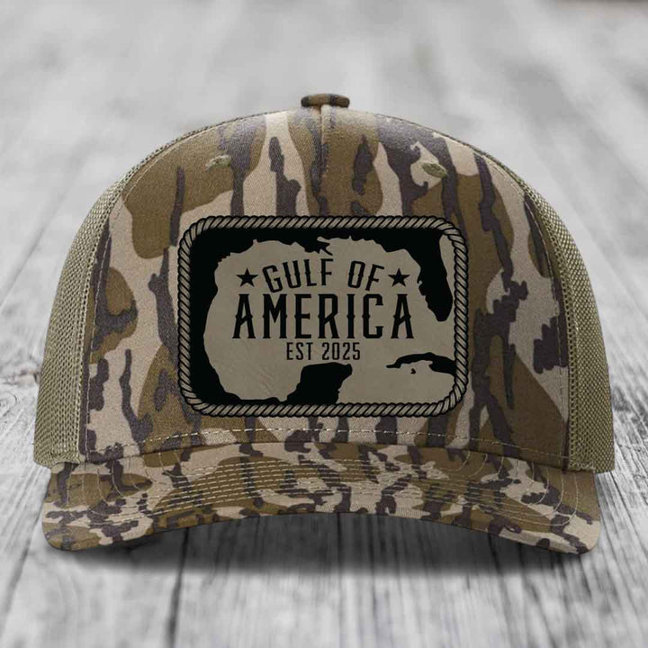Gulf of America - Leather Patch Hat - Light Brown to Black Patch - Richardson 112PFP Snapback Trucker Hat