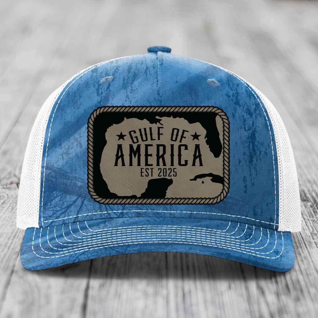 Gulf of America - Leather Patch Hat - Light Brown to Black Patch - Richardson 112PFP Snapback Trucker Hat