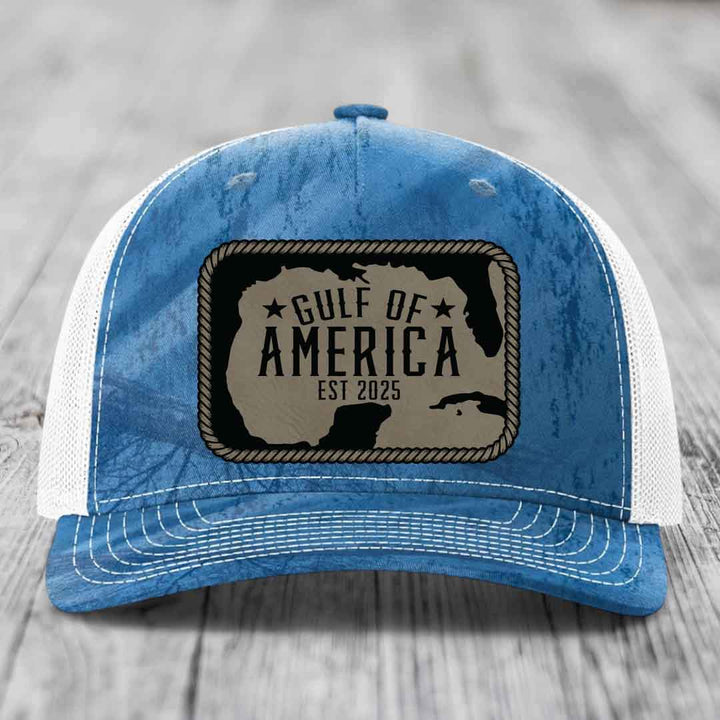 Gulf of America - Leather Patch Hat - Light Brown to Black Patch - Richardson 112PFP Snapback Trucker Hat
