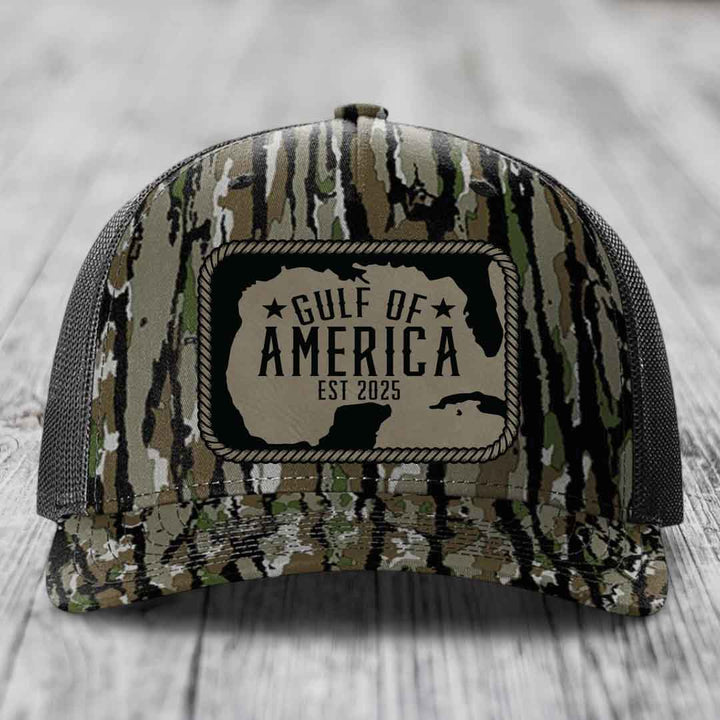 Gulf of America - Leather Patch Hat - Light Brown to Black Patch - Richardson 112PFP Snapback Trucker Hat