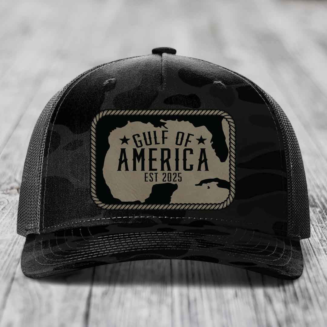 Gulf of America - Leather Patch Hat - Light Brown to Black Patch - Richardson 112PFP Snapback Trucker Hat