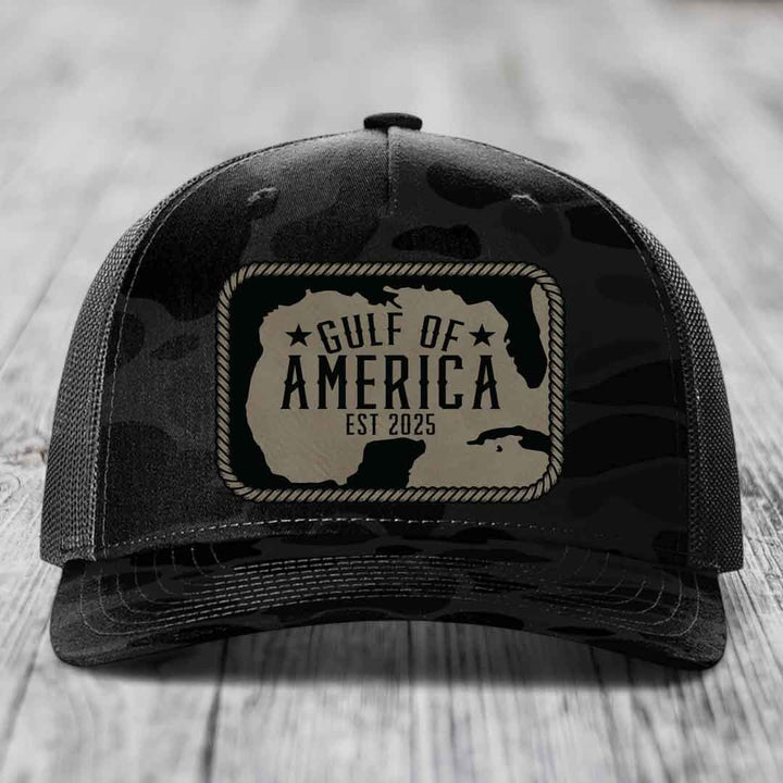 Gulf of America - Leather Patch Hat - Light Brown to Black Patch - Richardson 112PFP Snapback Trucker Hat