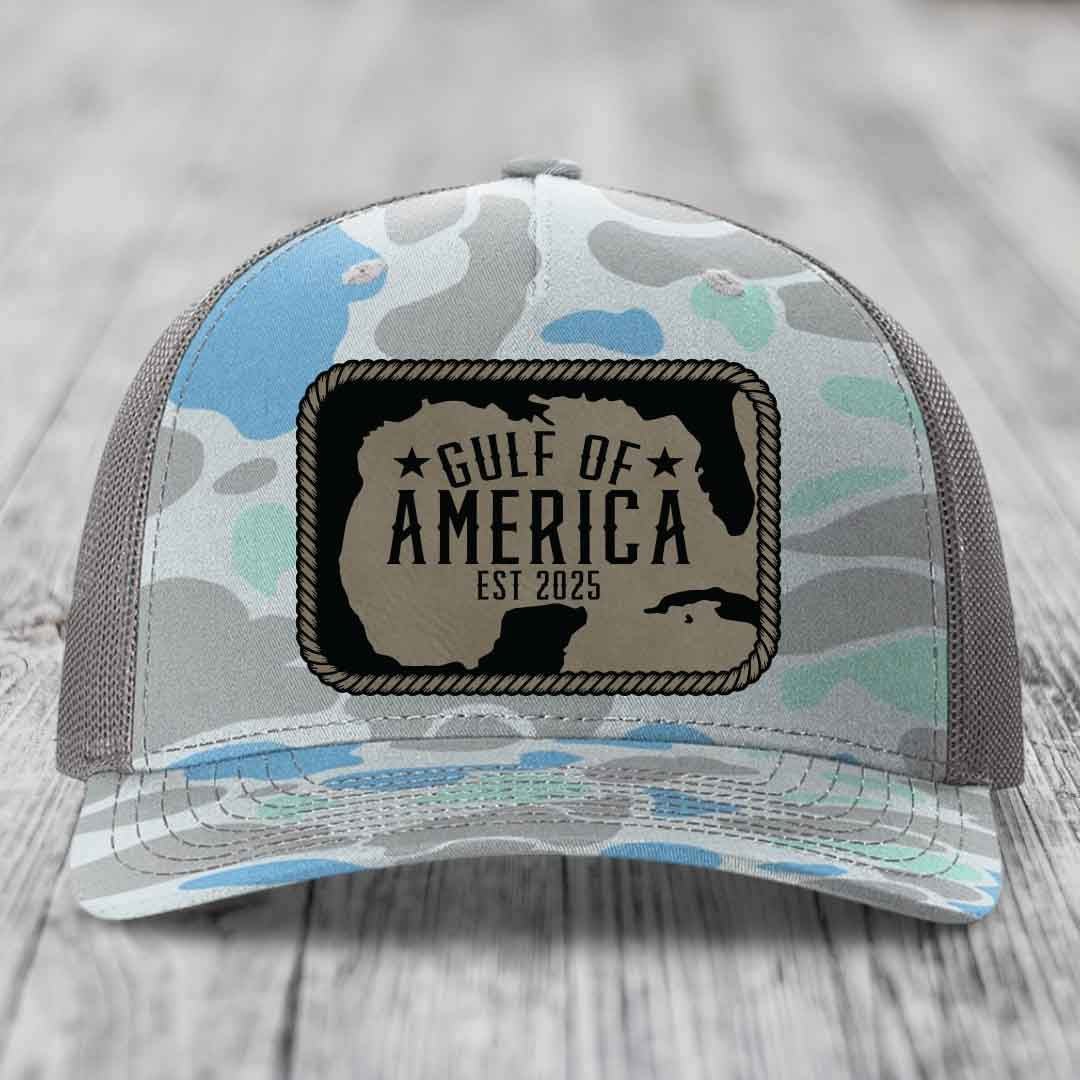 Gulf of America - Leather Patch Hat - Light Brown to Black Patch - Richardson 112PFP Snapback Trucker Hat