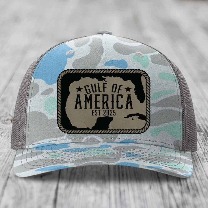 Gulf of America - Leather Patch Hat - Light Brown to Black Patch - Richardson 112PFP Snapback Trucker Hat