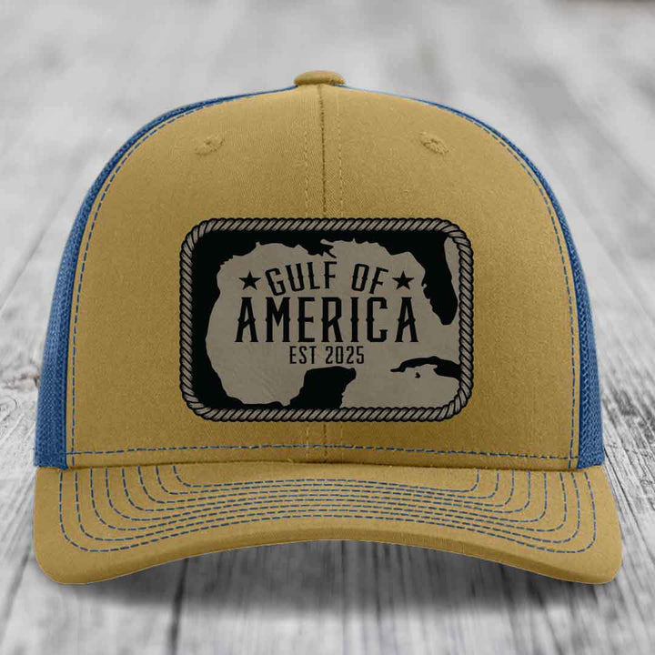 Gulf of America - Leather Patch Hat - Light Brown to Black Patch - Richardson 112 Snapback Trucker Hat