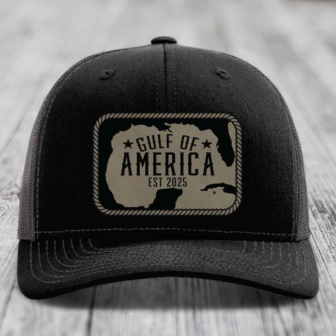 Gulf of America - Leather Patch Hat - Light Brown to Black Patch - Richardson 112 Snapback Trucker Hat
