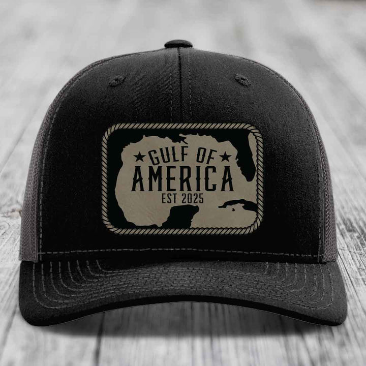 Gulf of America - Leather Patch Hat - Light Brown to Black Patch - Richardson 112 Snapback Trucker Hat