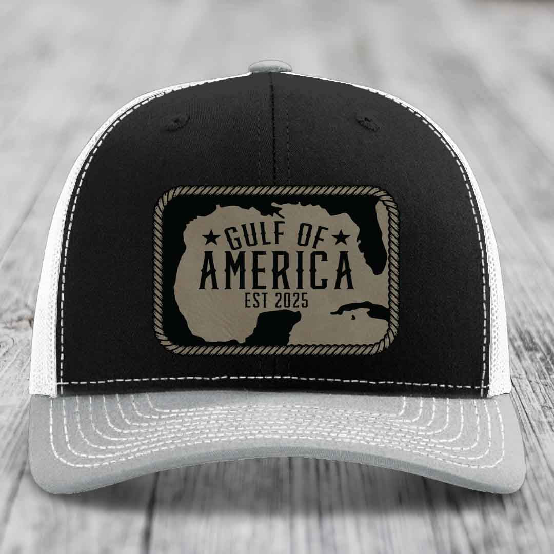 Gulf of America - Leather Patch Hat - Light Brown to Black Patch - Richardson 112 Snapback Trucker Hat