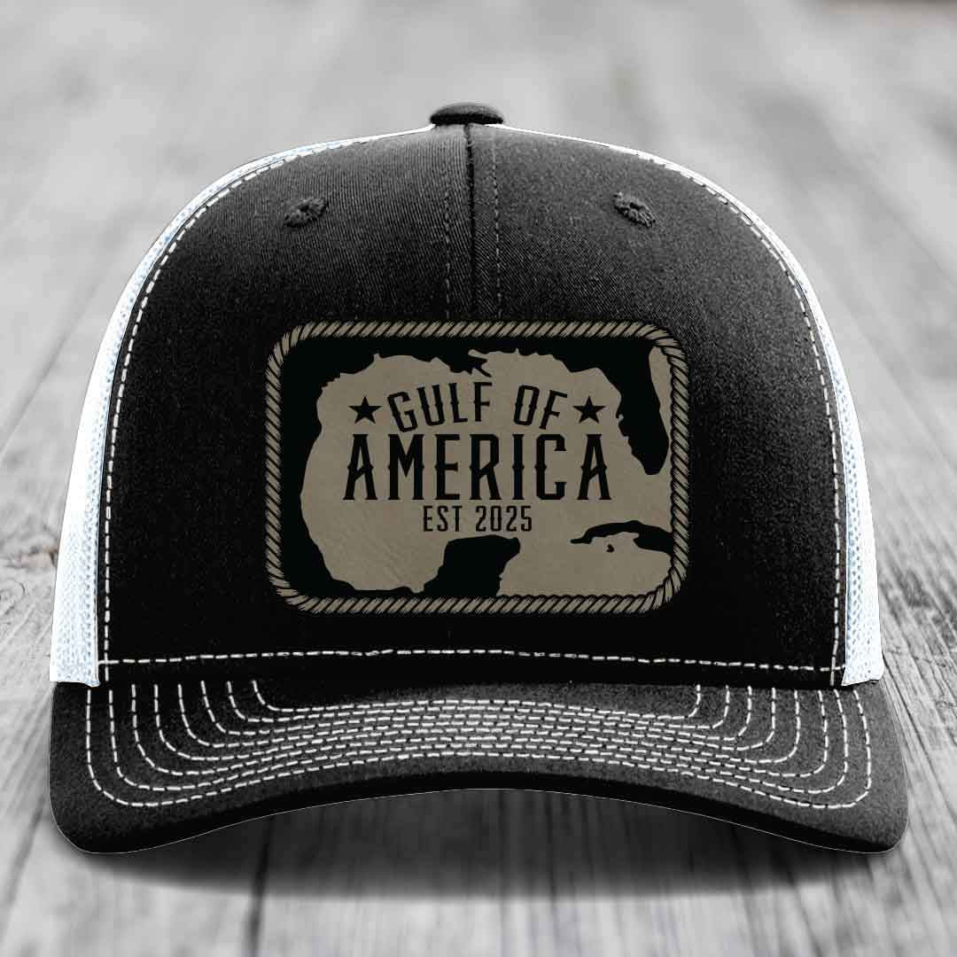Gulf of America - Leather Patch Hat - Light Brown to Black Patch - Richardson 112 Snapback Trucker Hat