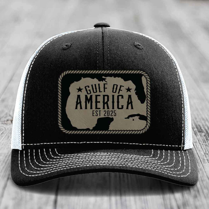Gulf of America - Leather Patch Hat - Light Brown to Black Patch - Richardson 112 Snapback Trucker Hat