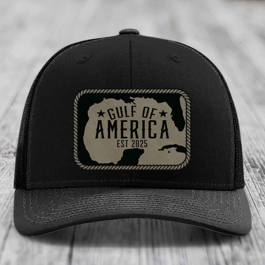Gulf of America - Leather Patch Hat - Light Brown to Black Patch - Richardson 112 Snapback Trucker Hat