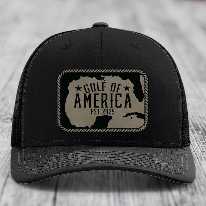 Gulf of America - Leather Patch Hat - Light Brown to Black Patch - Richardson 112 Snapback Trucker Hat