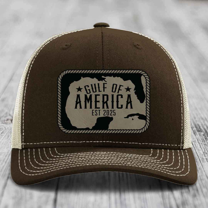 Gulf of America - Leather Patch Hat - Light Brown to Black Patch - Richardson 112 Snapback Trucker Hat