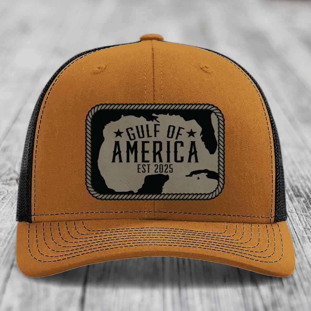 Gulf of America - Leather Patch Hat - Light Brown to Black Patch - Richardson 112 Snapback Trucker Hat