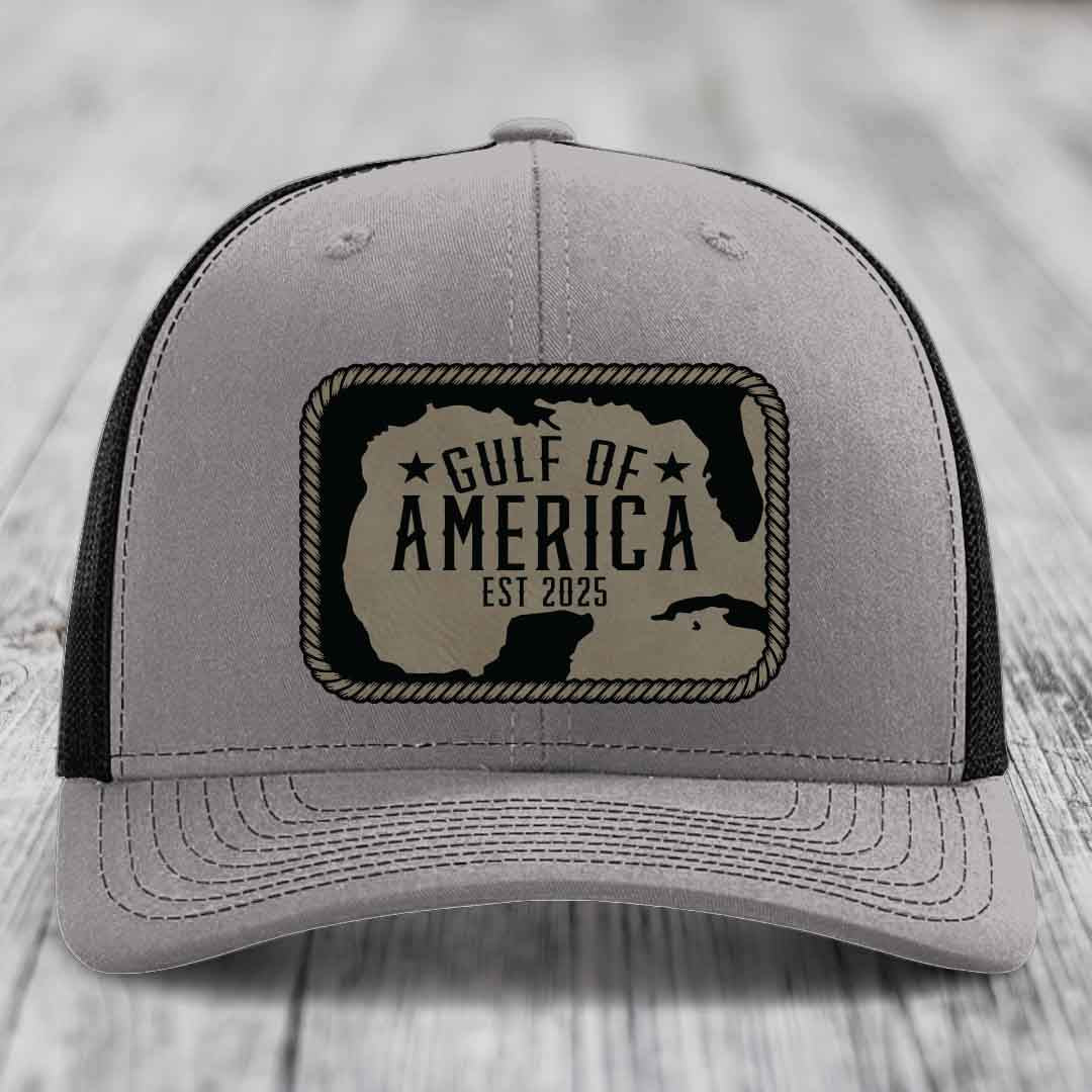 Gulf of America - Leather Patch Hat - Light Brown to Black Patch - Richardson 112 Snapback Trucker Hat