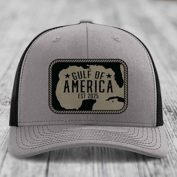 Gulf of America - Leather Patch Hat - Light Brown to Black Patch - Richardson 112 Snapback Trucker Hat